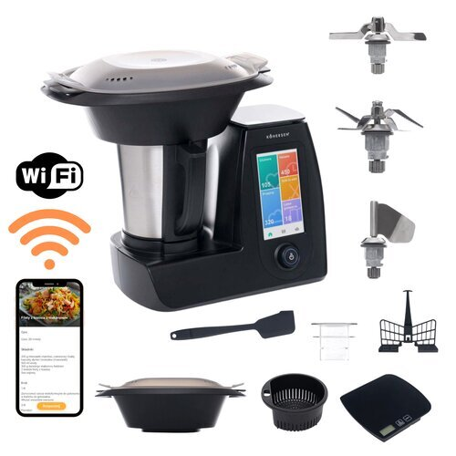 Czarny i srebrny robot kuchenny z cyfrowym wyświetlaczem i akcesoriami. Widoczny symbol Wi-Fi.