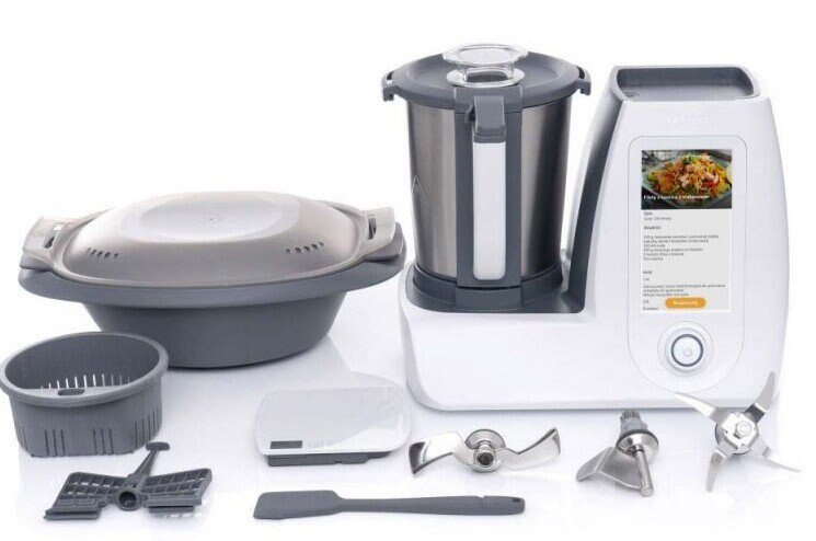 Zestaw robota kuchennego, ze składnikami i ekranem pokazującym obrazy jedzenia.