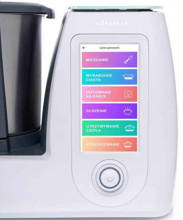 Białe urządzenie kuchenne z ekranem dotykowym wyświetlającym opcje gotowania.