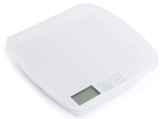 Biała waga cyfrowa z małym wyświetlaczem i dwoma przyciskami.