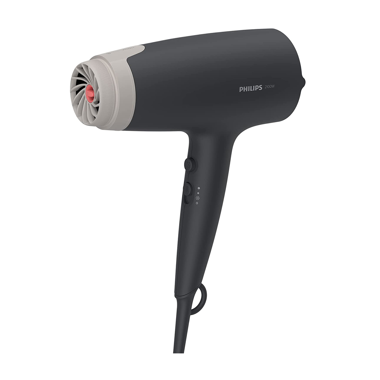 Asciugacapelli Philips nero e grigio, angolato dall'alto. Sfondo bianco.