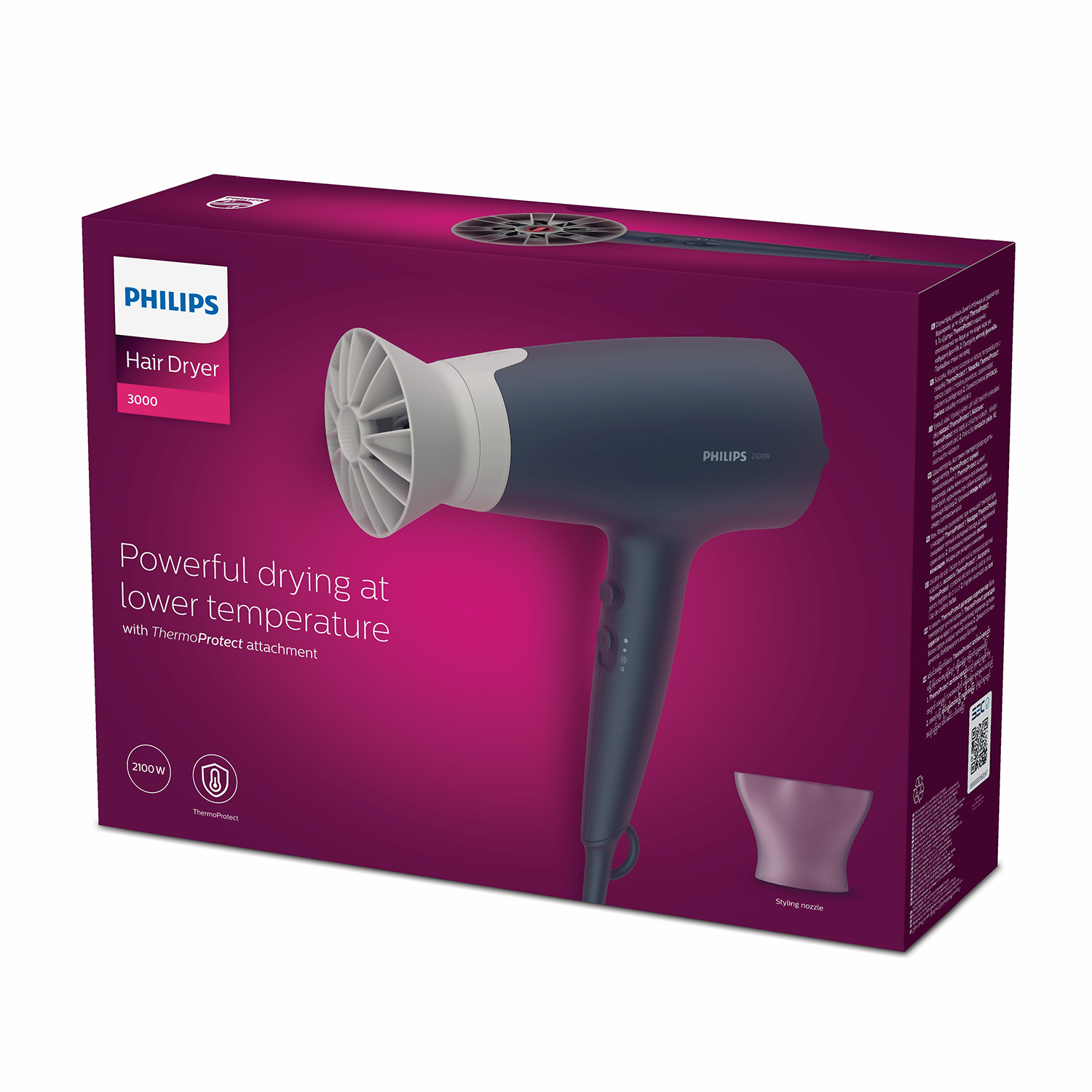 Scatola dell'asciugacapelli Philips, che mostra il prodotto, con sfondo viola e rosa.