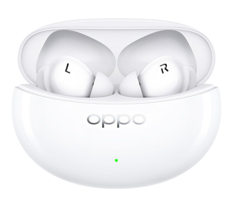 Białe słuchawki Oppo w etui ładującym, zielone światło na podstawie.