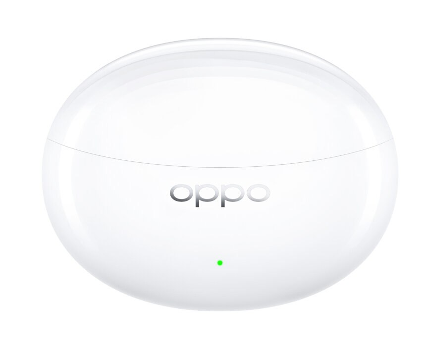 Białe etui ładujące słuchawek Oppo, z widocznym zielonym światłem.