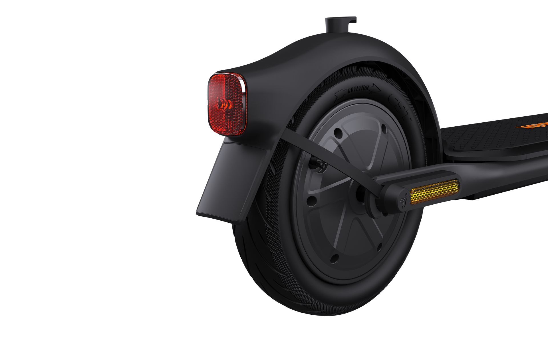 Schwarzes elektrisches Rollerrad, mit rotem Reflektor und Reifen.