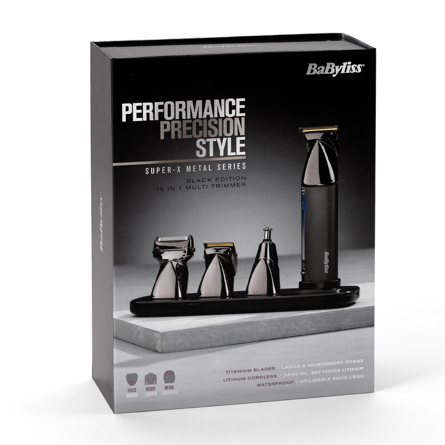 Scatola di un trimmer BaByliss nero con accessori e testo.