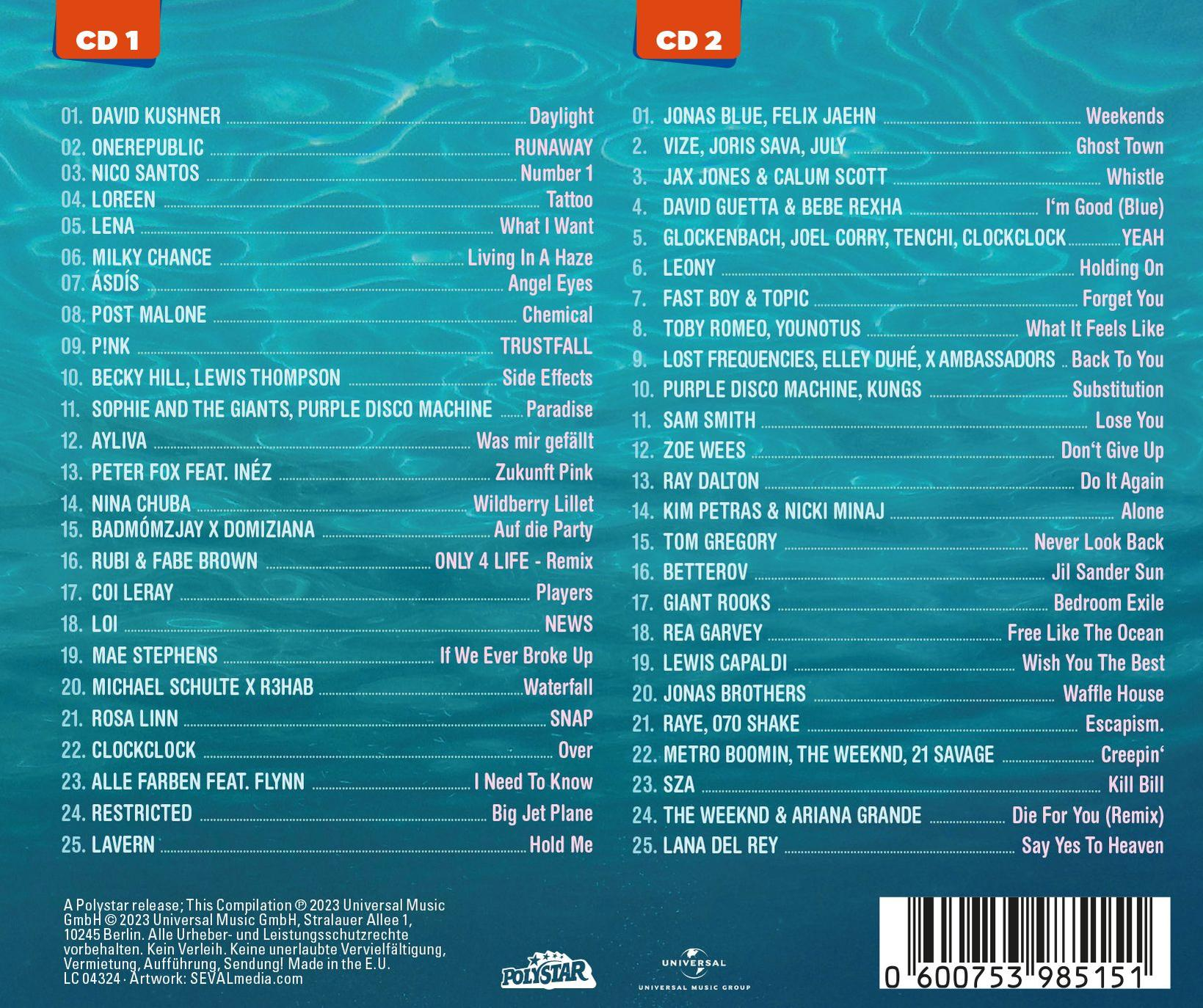 CD-Zusammenstellung mit Titellisten. Enthält Text und farbenfrohes Design.