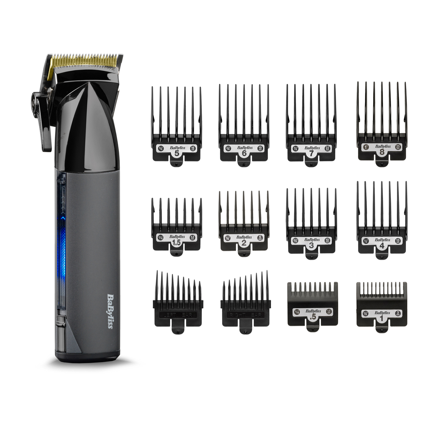 Un tagliacapelli nero con accessori multipli per diverse lunghezze di capelli.