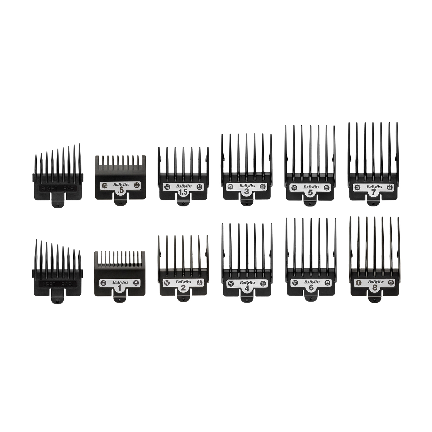 Un set di protezioni per tagliacapelli Babyliss, con numeri da 0,5 a 8. Sfondo bianco.
