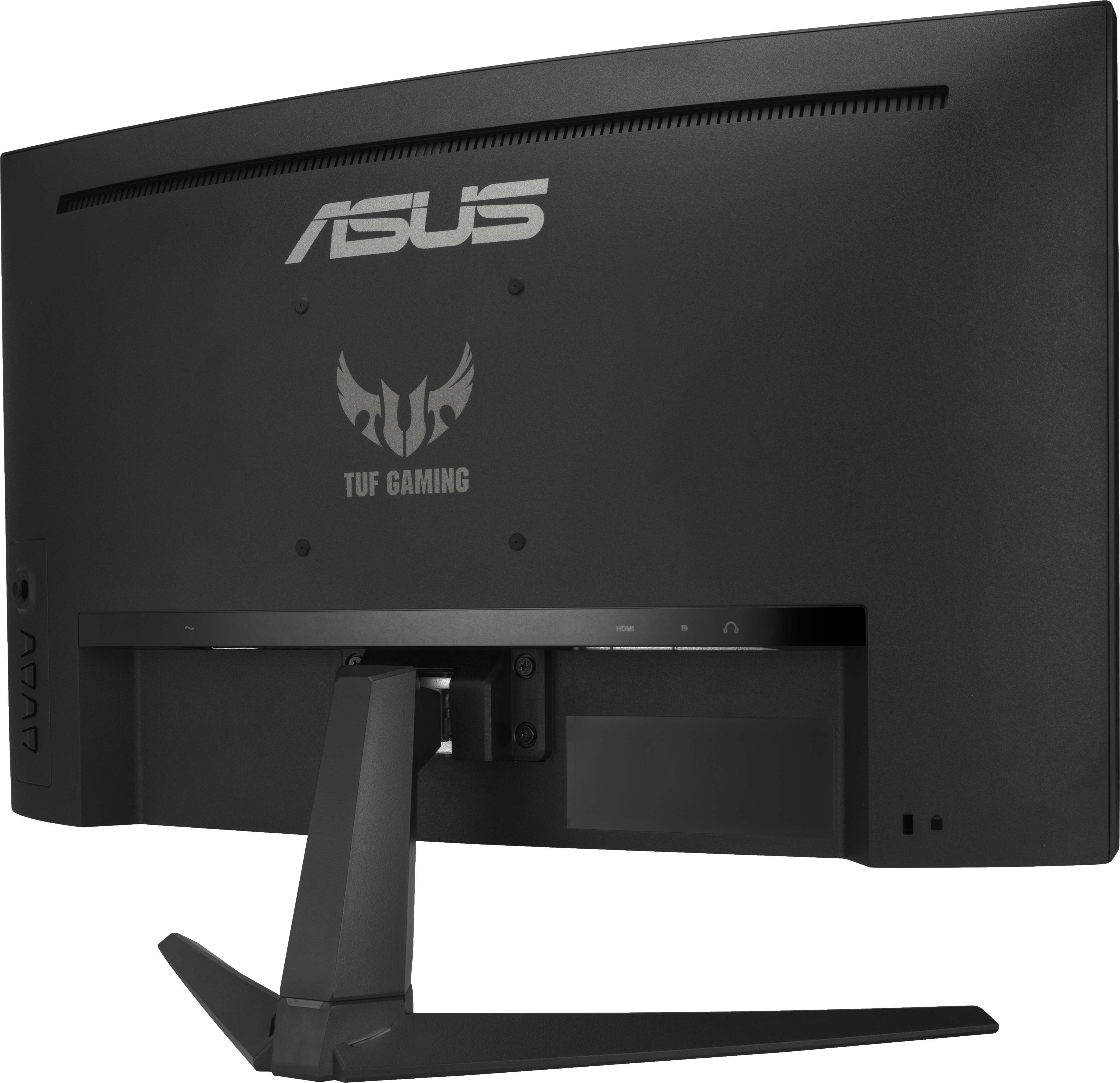 Vue arrière d'un moniteur de jeu ASUS noir. Le logo de la marque est visible, avec des ports et un support.