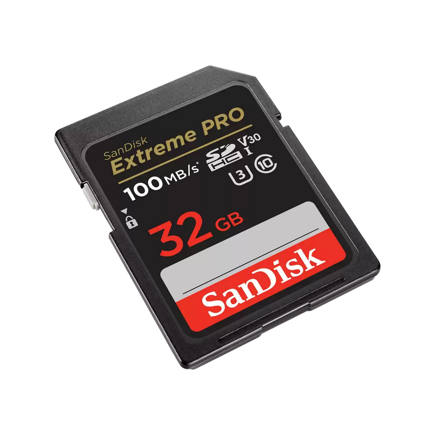 A black Sandisk Extreme PRO SD card with text and logos on a white background.