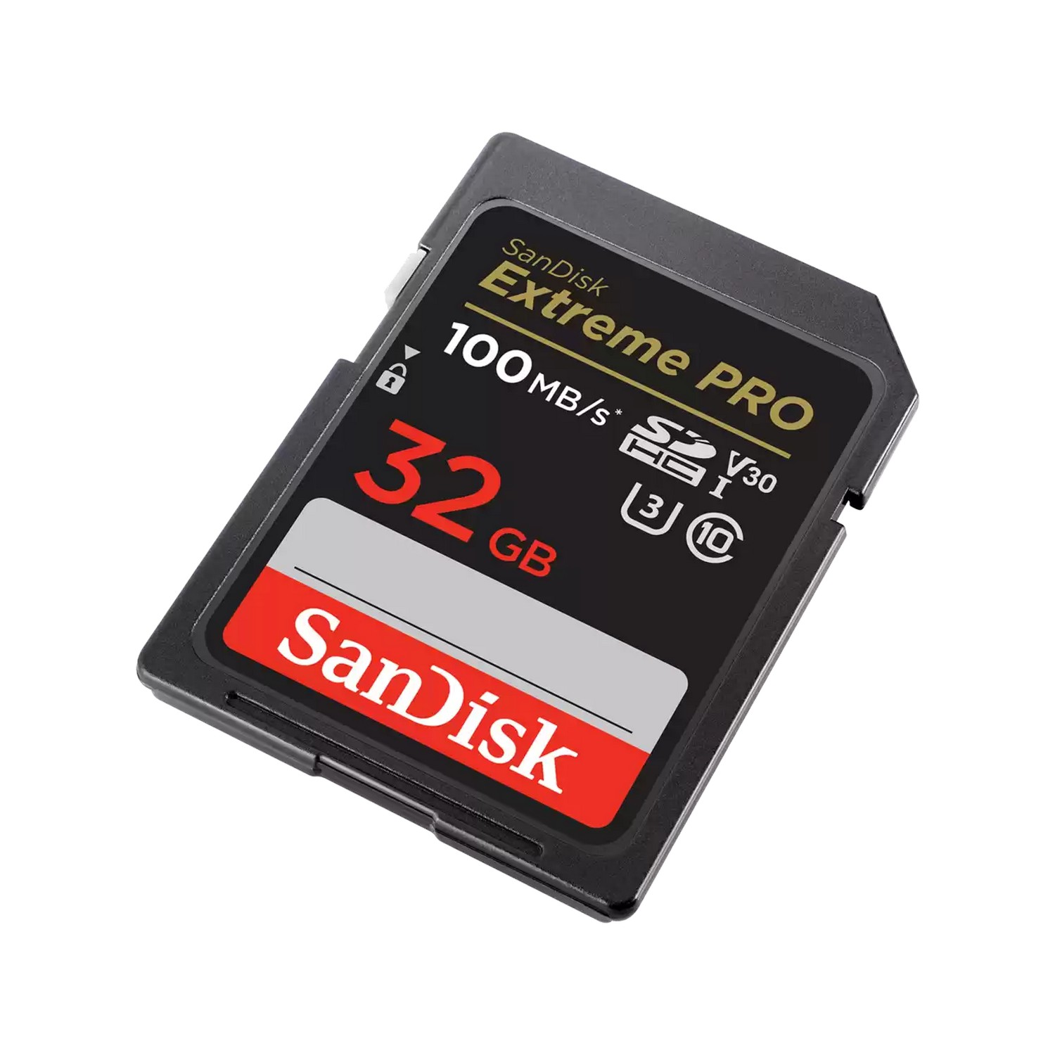 Black Sandisk Extreme Pro SD card. Shows the card details like storage and speed.