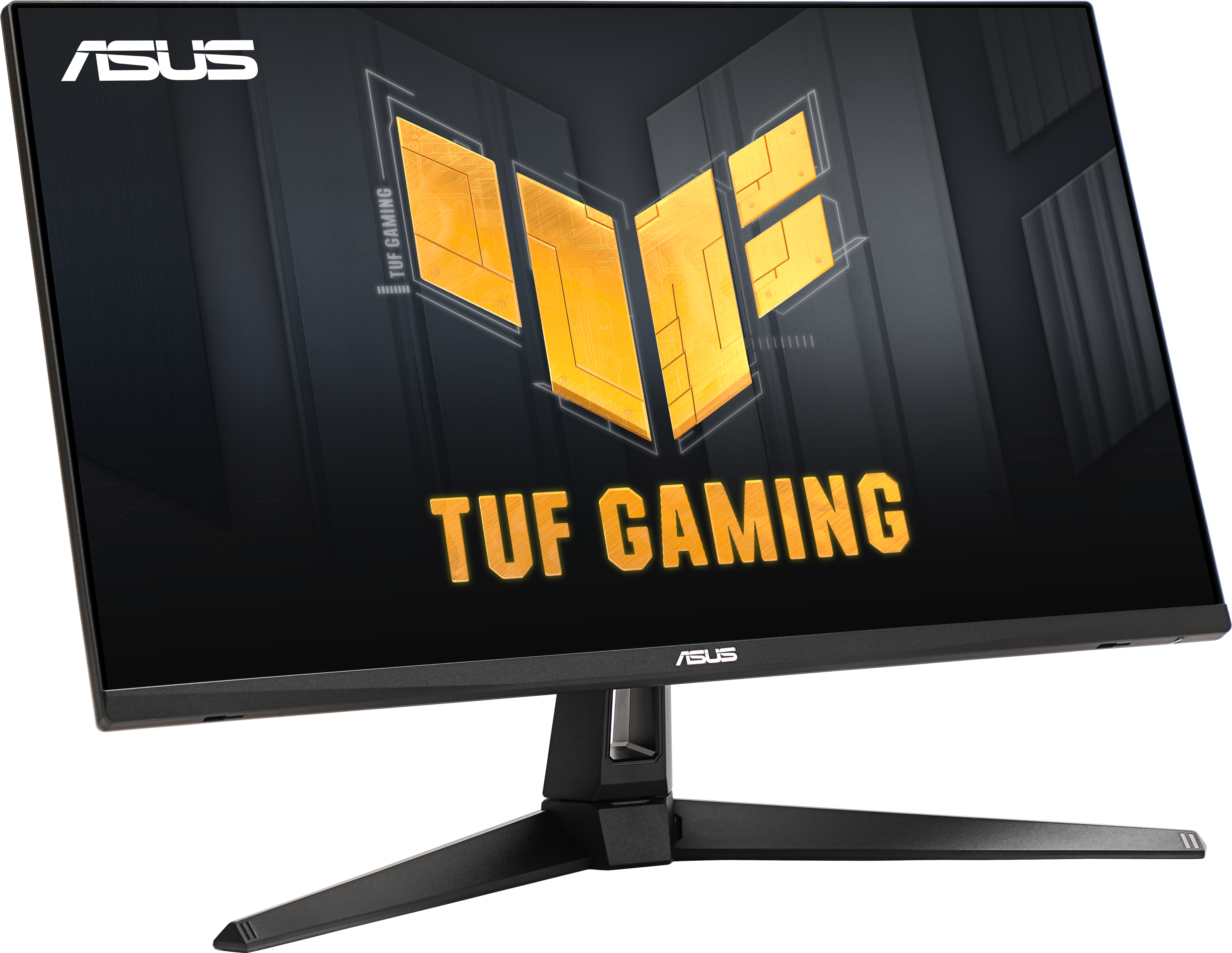 Un moniteur ASUS TUF Gaming. L'écran affiche un logo et du texte jaunes sur fond noir, avec un pied noir.