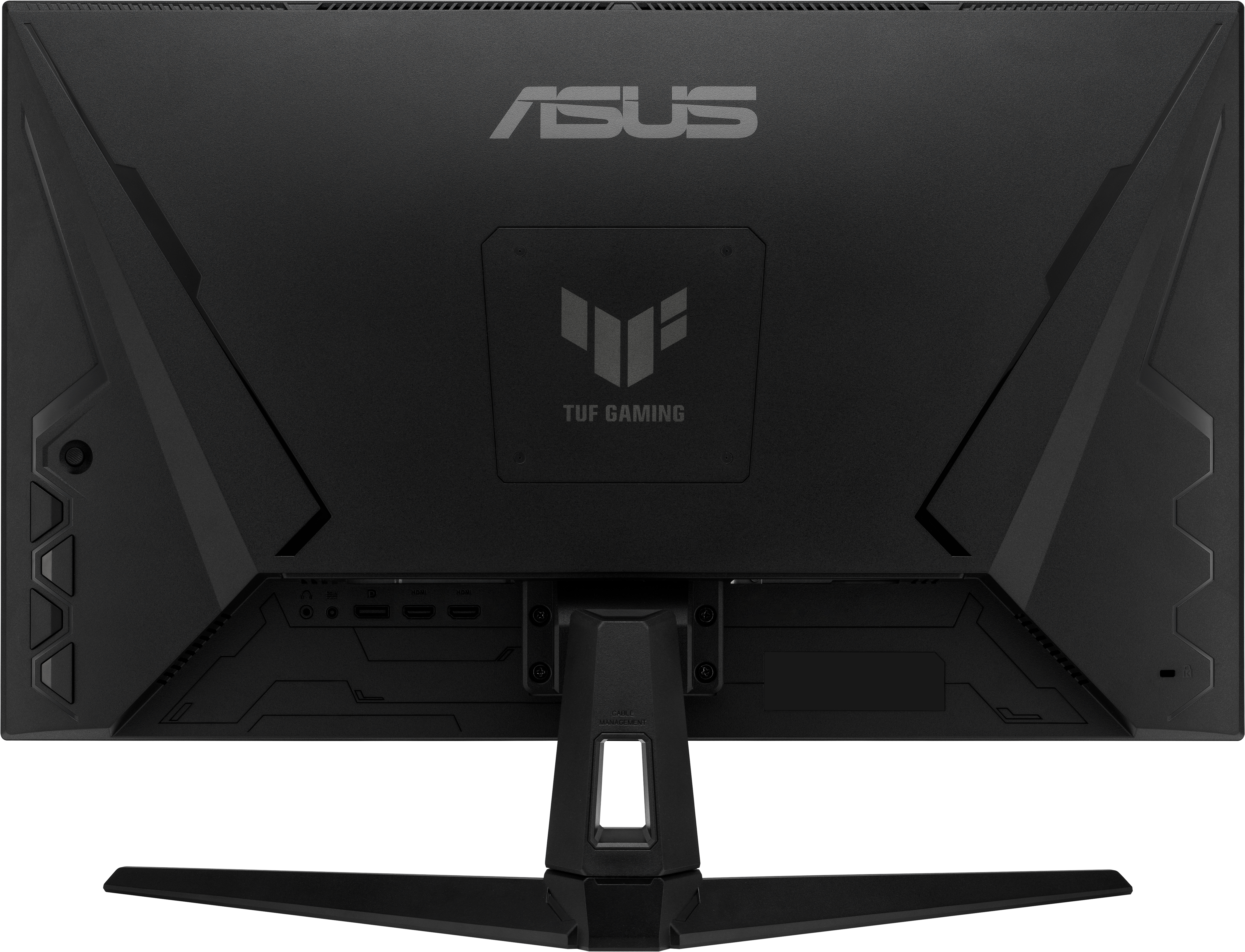 Écran ASUS TUF Gaming noir. Il porte le logo de la marque et divers ports. Le pied est également noir.