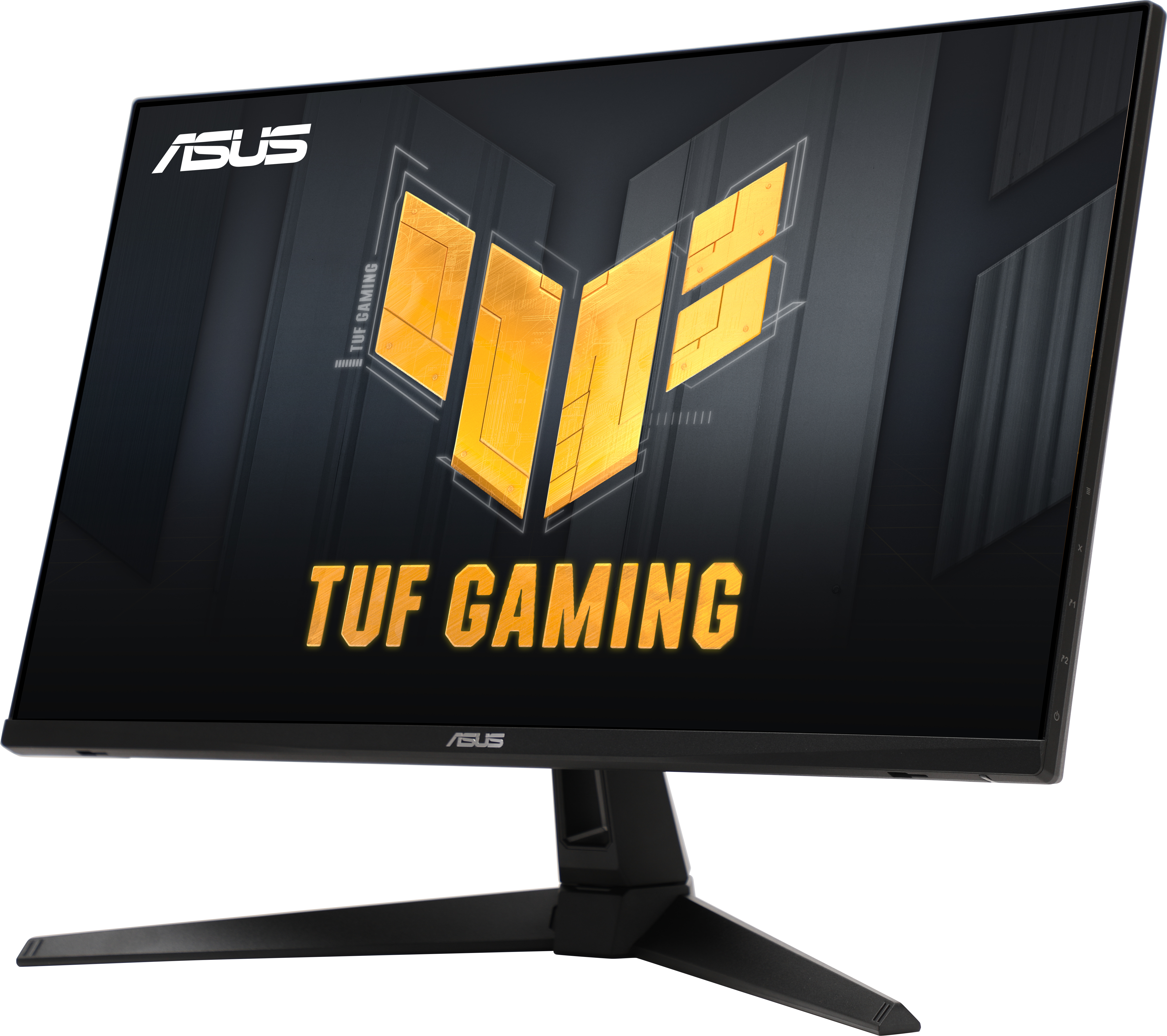 Un moniteur de jeu ASUS TUF noir. Il a des accents dorés sur l'écran. La base est noire et inclinée.