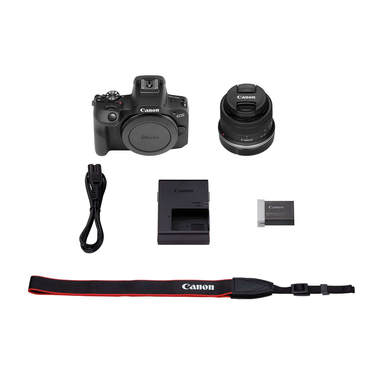 Set fotocamera Canon EOS, inclusi fotocamera, obiettivo, caricabatterie, batteria, cinturino e cavi.