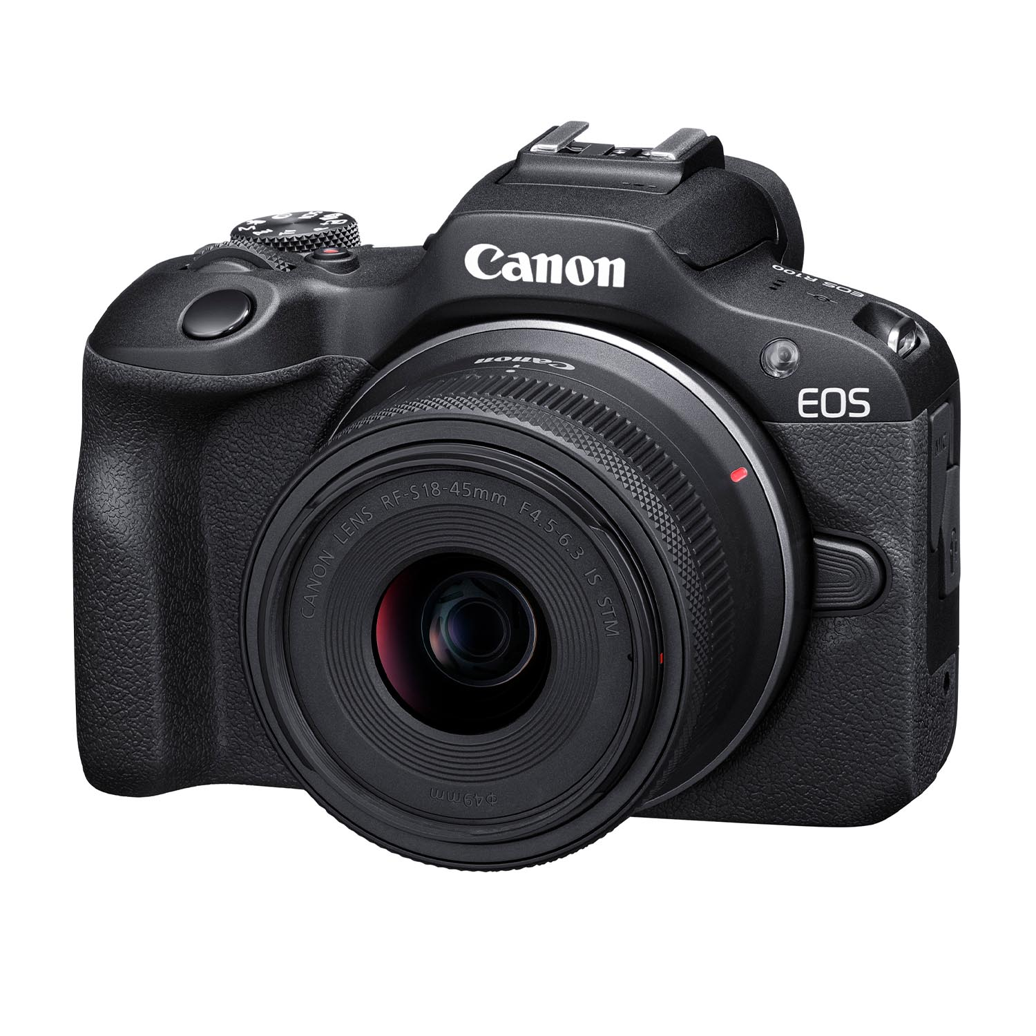 Fotocamera Canon EOS nera con obiettivo. La fotocamera è su sfondo bianco. EOS è scritto sulla fotocamera.