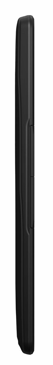 Widok z boku czarnego smartfona. Telefon jest prosty i ma czysty design.