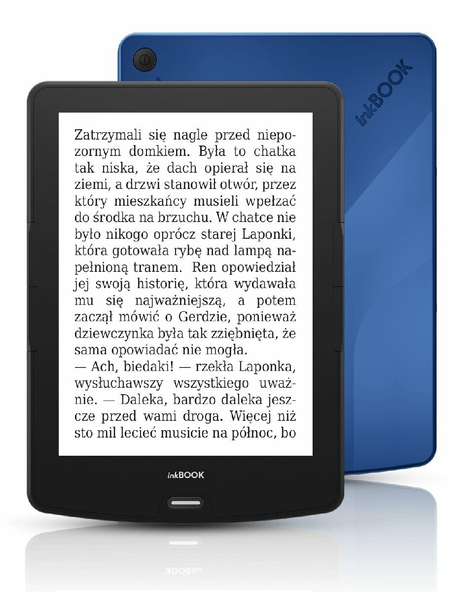 Czytnik e-booków Inkbook, czarny z niebieskim tyłem. Tekst na ekranie.