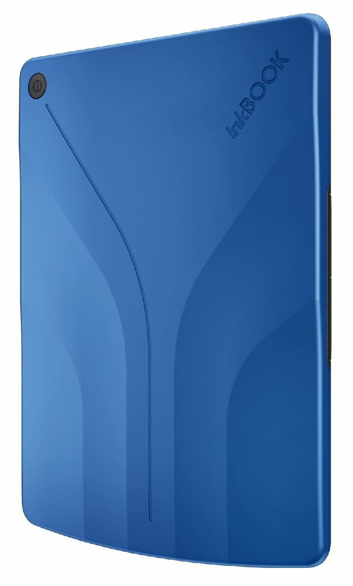 Niebieski czytnik e-booków Inkbook z boku, pokazujący przycisk zasilania i logo.