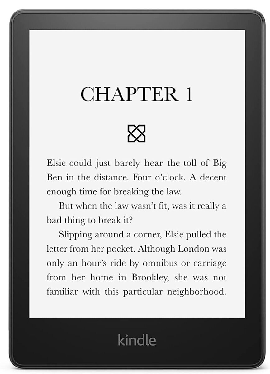 Czytnik e-booków Kindle wyświetlający tekst na białym ekranie, z logo Kindle.