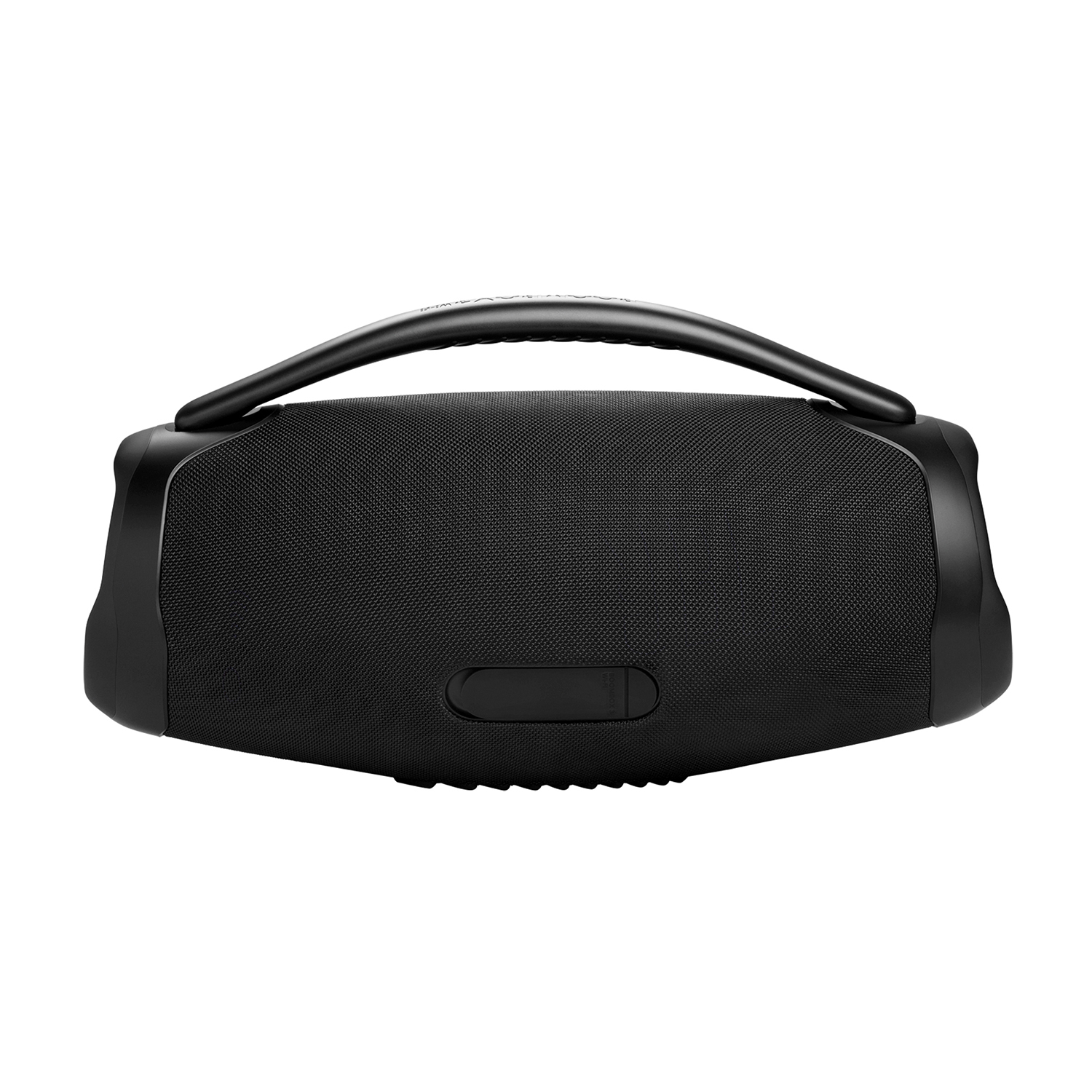Altoparlante portatile nero con maniglia. Fronte in rete, maniglia in alto.