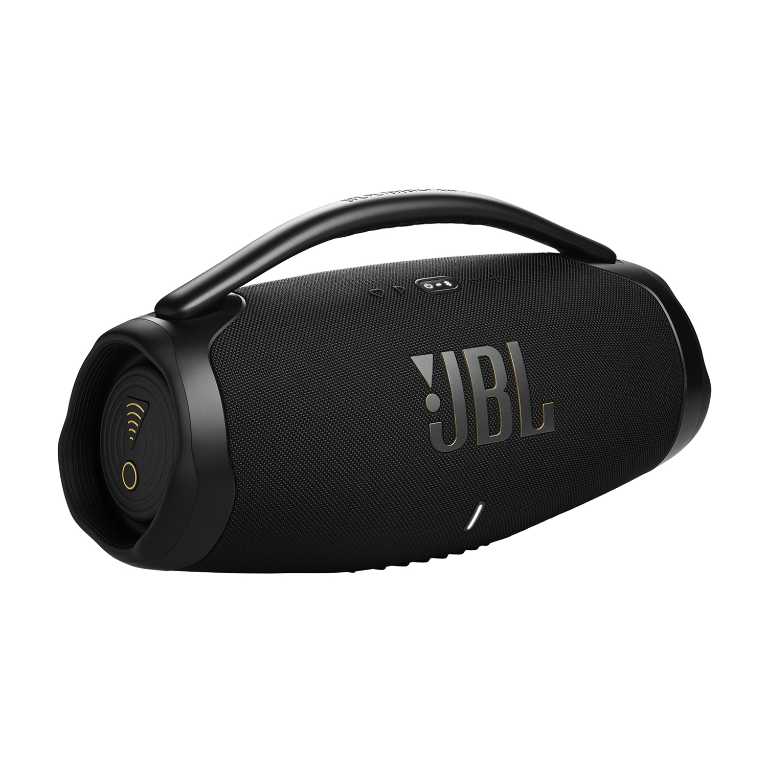 Altoparlante portatile JBL nero. Ha una maniglia e il logo JBL.