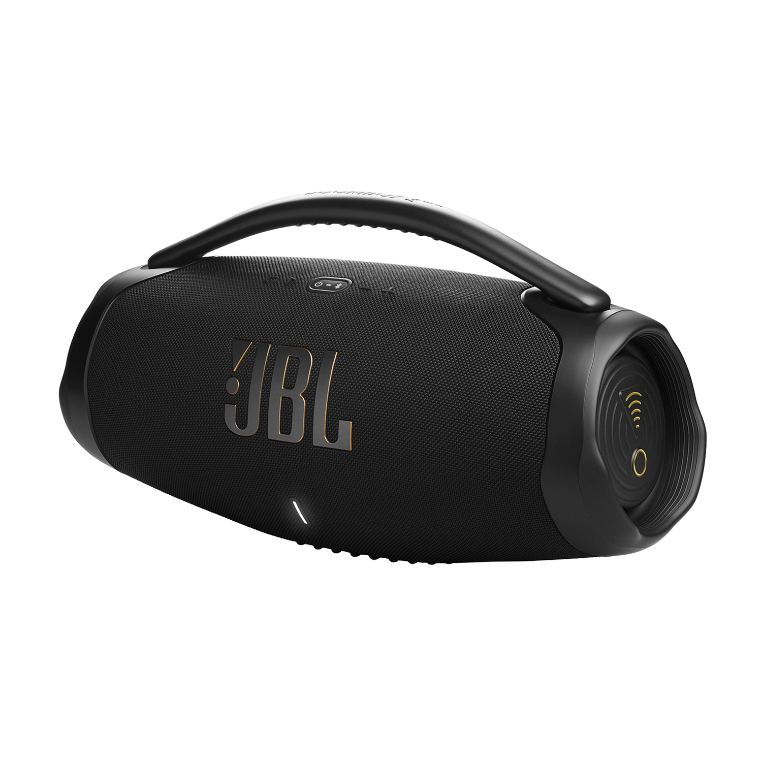 Altoparlante JBL nero con maniglia e varie funzioni di controllo.