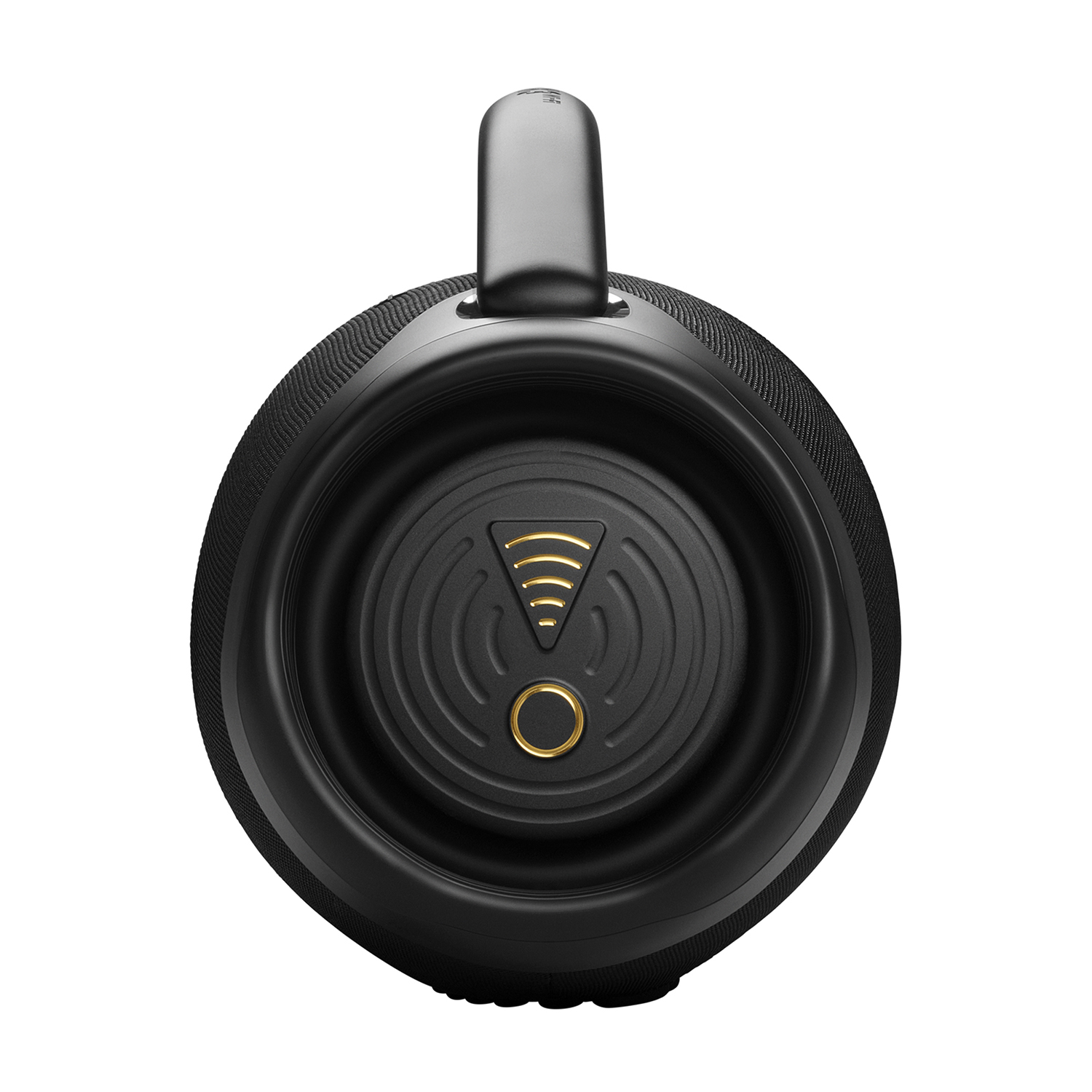 Altoparlante JBL nero con maniglia e logo sul retro. Anello dorato intorno al centro.