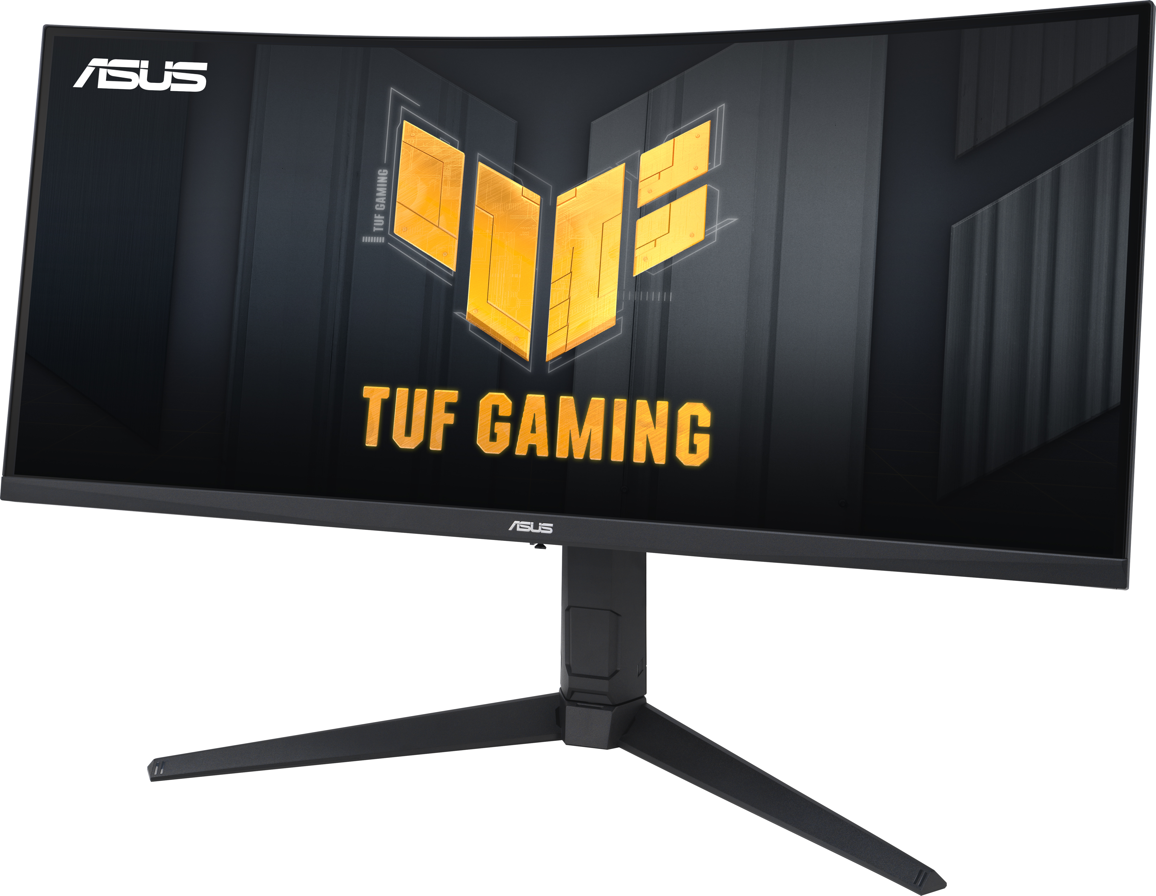 Gebogener schwarzer ASUS TUF Gaming-Monitor mit gelbem und schwarzem Logo und Ständer.