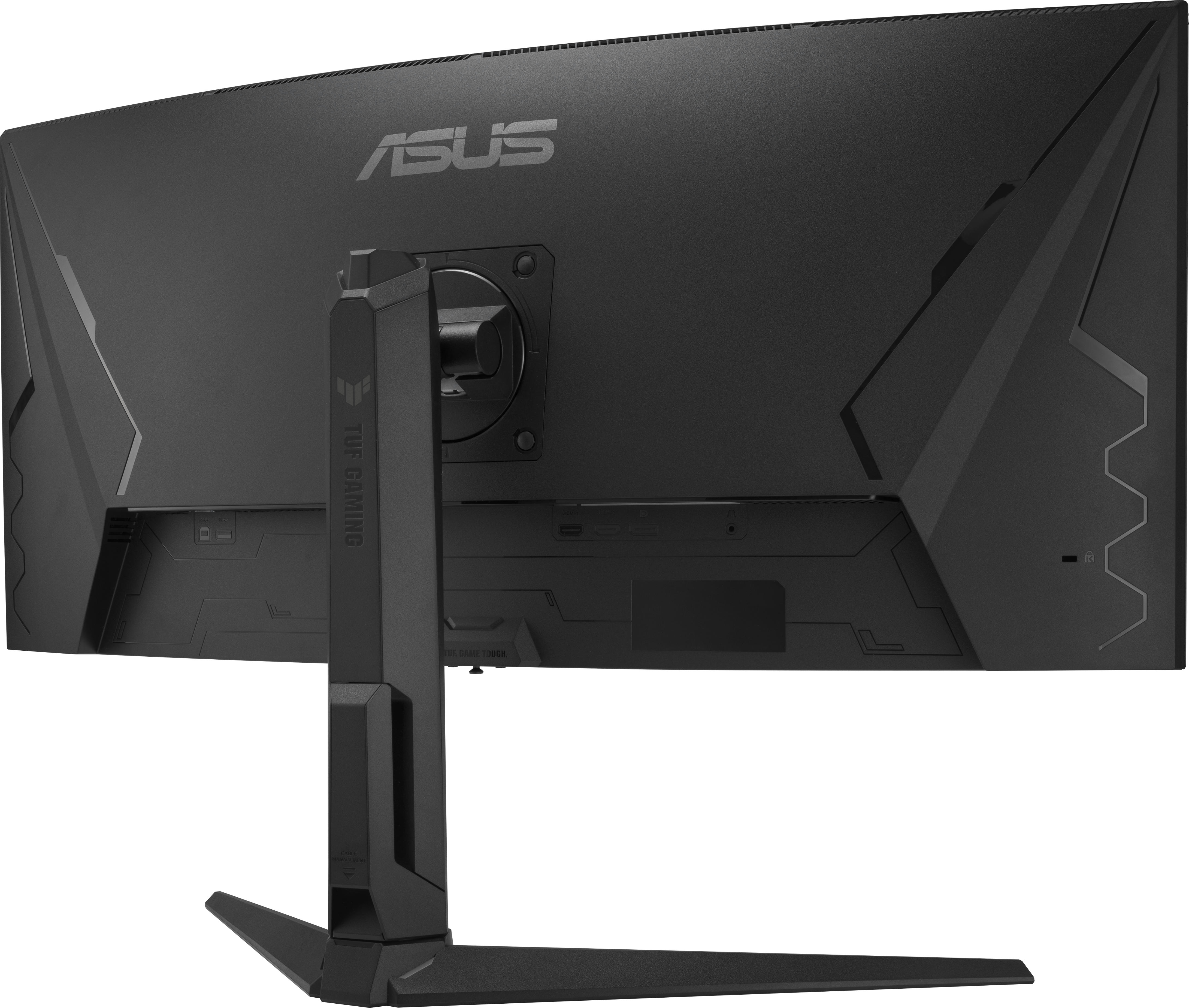 Rückseite eines schwarzen ASUS Gaming-Monitors. Der Ständer und einige Anschlüsse sind sichtbar.