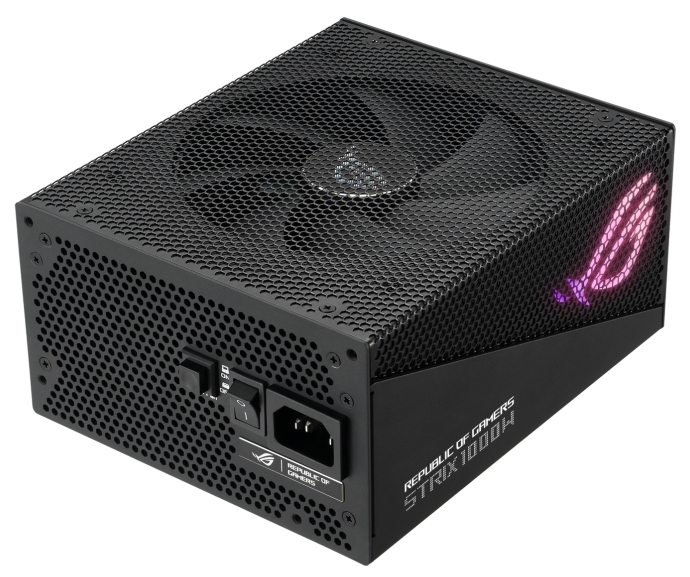 Fekete PC-s tápegység hálós tetővel, kapcsolóval és ROG logóval.