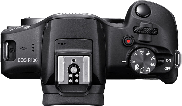 Fekete Canon EOS R100 kamera felülnézete gombokkal és tárcsával.