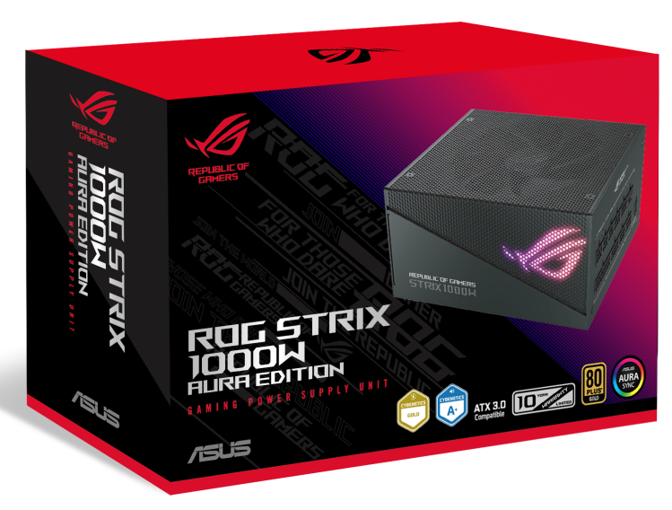 A ROG Strix 1000W Aura Edition gaming tápegység doboza.