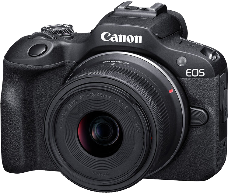 Egy fekete Canon EOS kamera, hozzá csatlakoztatott objektívvel. Az objektív fekete, és egy piros gyűrűvel rendelkezik.
