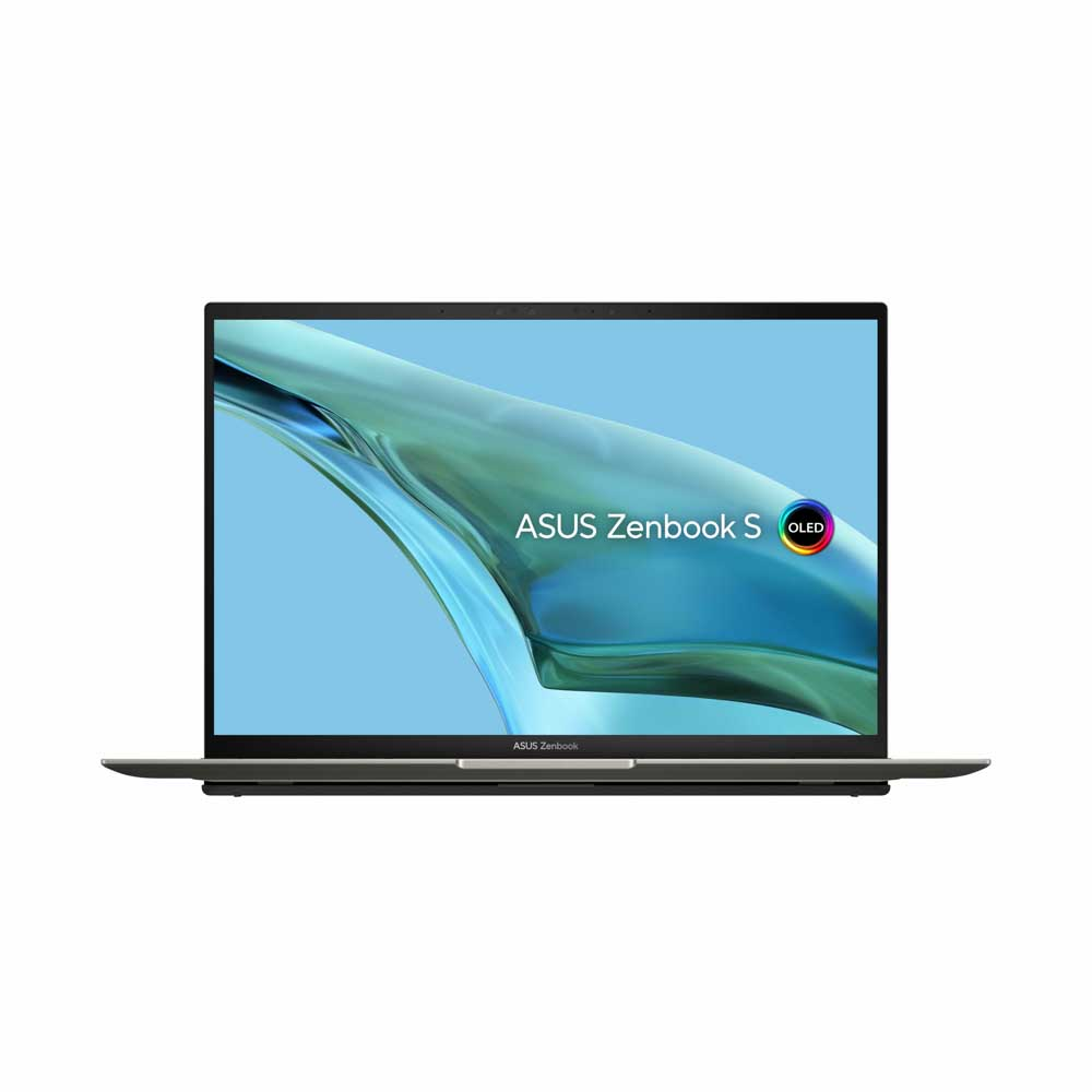 Açık ASUS Zenbook S OLED dizüstü bilgisayar, mavi ve beyaz bir ekran gösteriyor. Marka görülebilir.