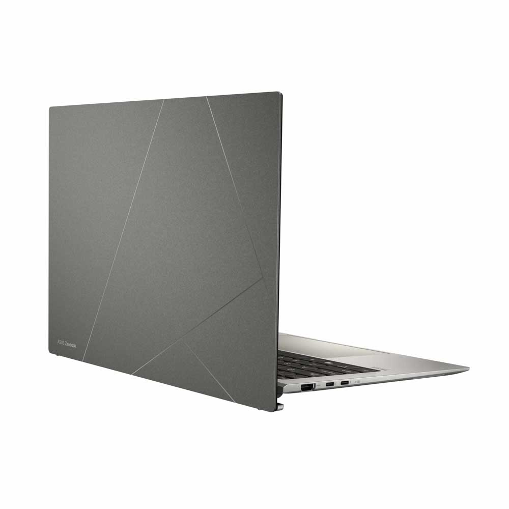 Asus Zenbook dizüstü bilgisayar, gri, kapalı, kapakta geometrik bir desenle.