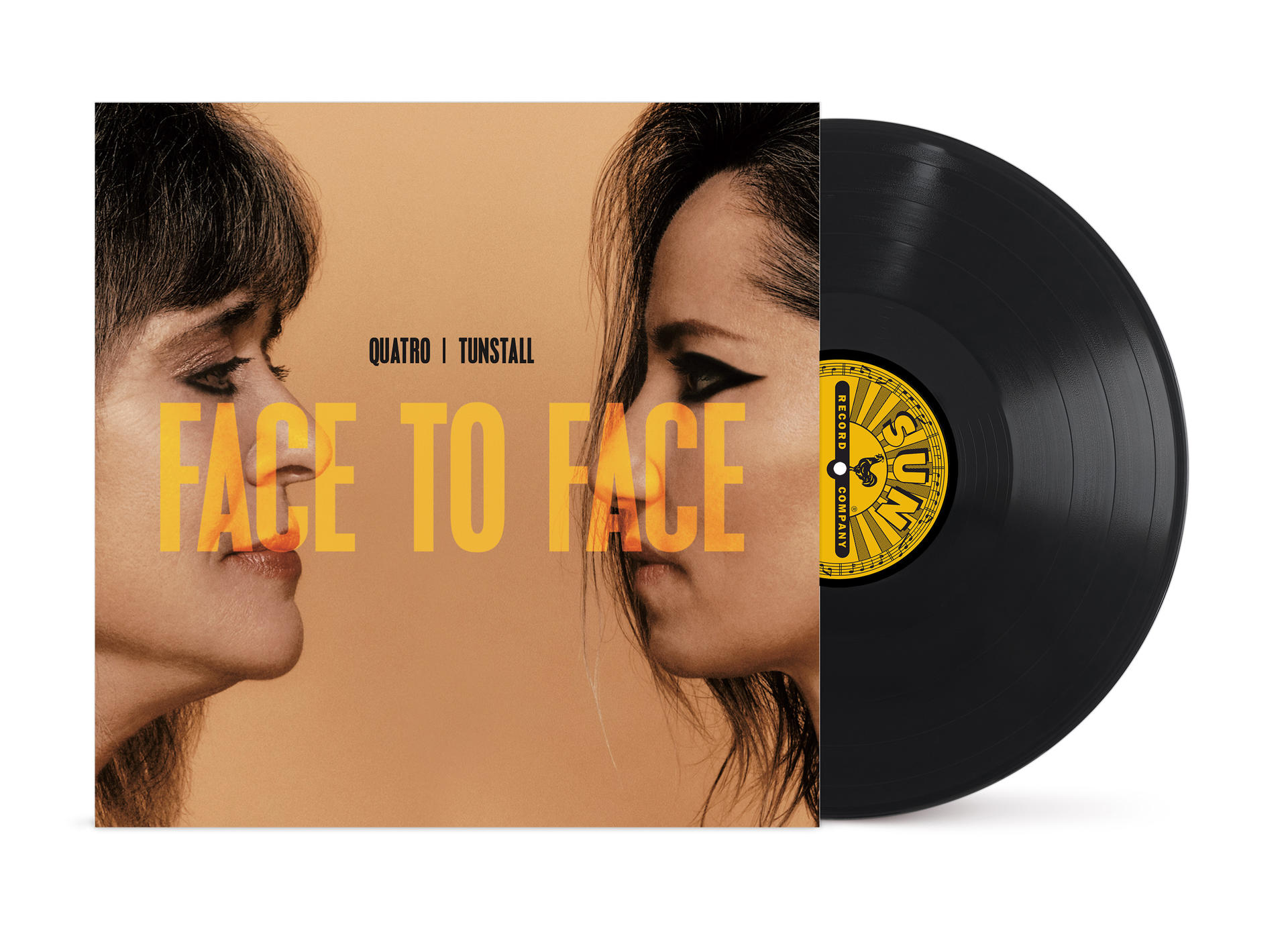 Albumcover mit zwei Profilen, die sich gegenüberstehen. Album in Hülle neben Vinylplatte.