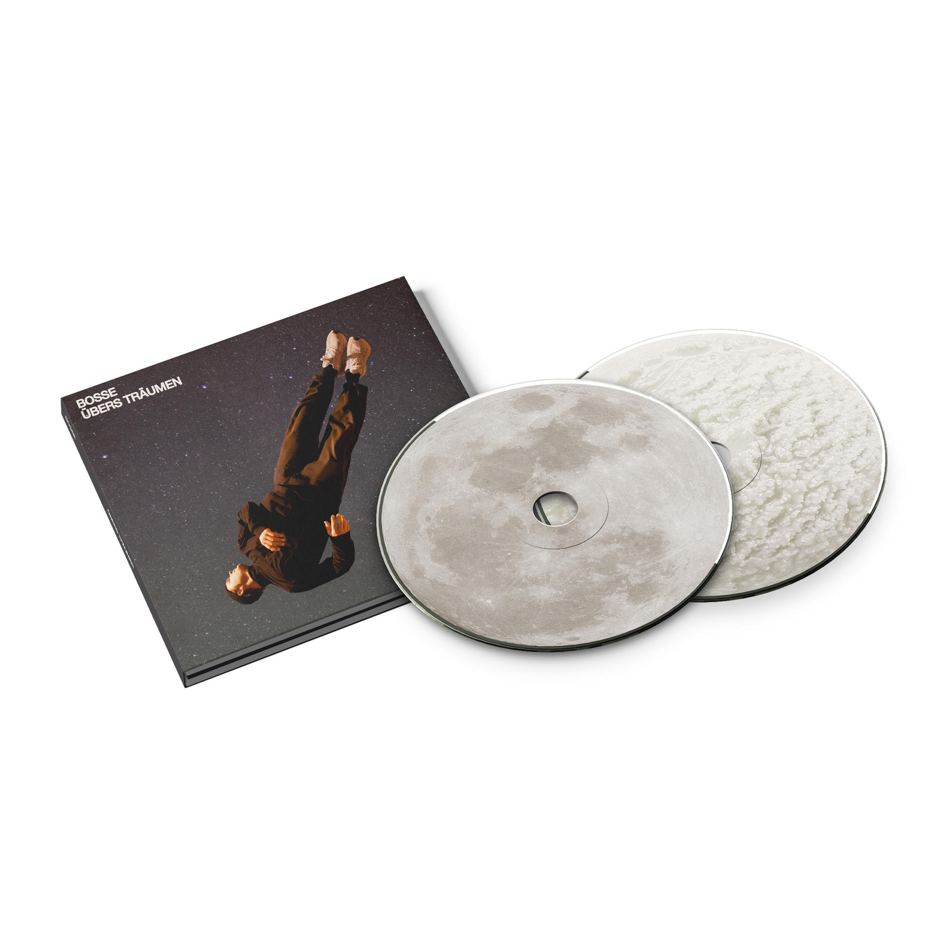 Ein CD-Album mit zwei mondförmigen CDs mit Cover-Artwork eines fallenden Mannes.