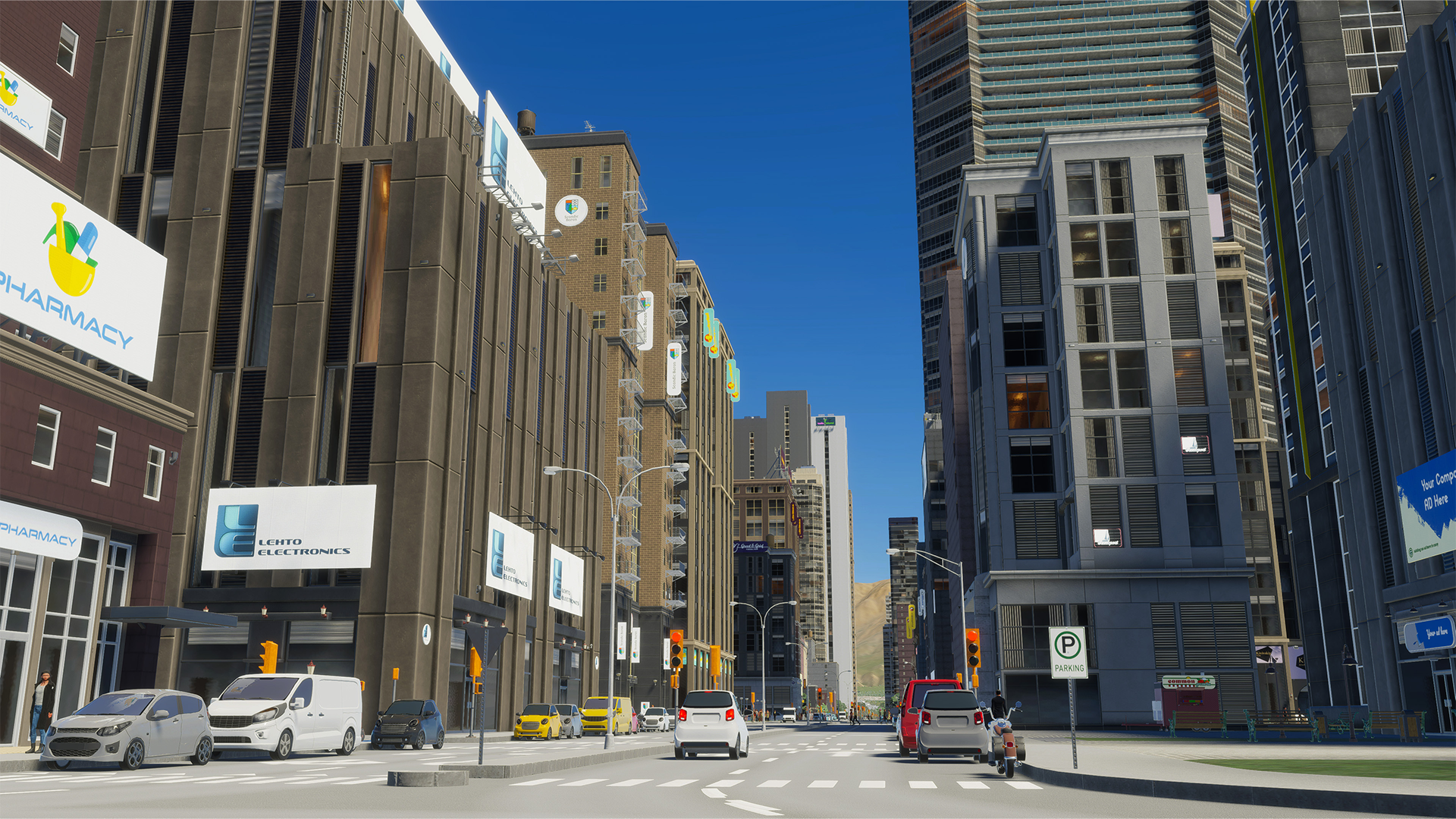 Stadtstraßenansicht mit hohen Gebäuden, Autos und Ampeln unter blauem Himmel.