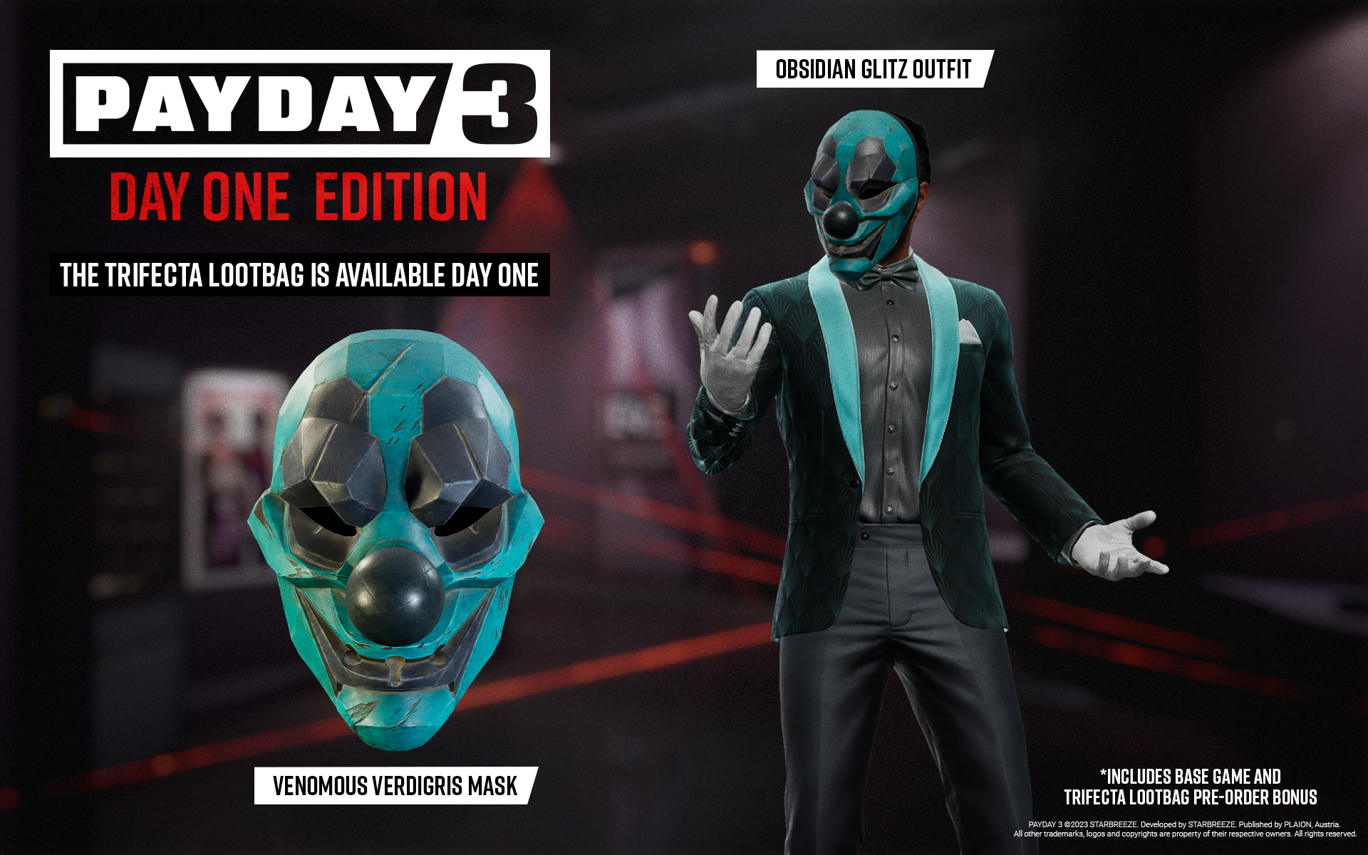 Payday 3 Spieleanzeige. Eine Person mit Clownmaske und Anzug neben einer Maske.