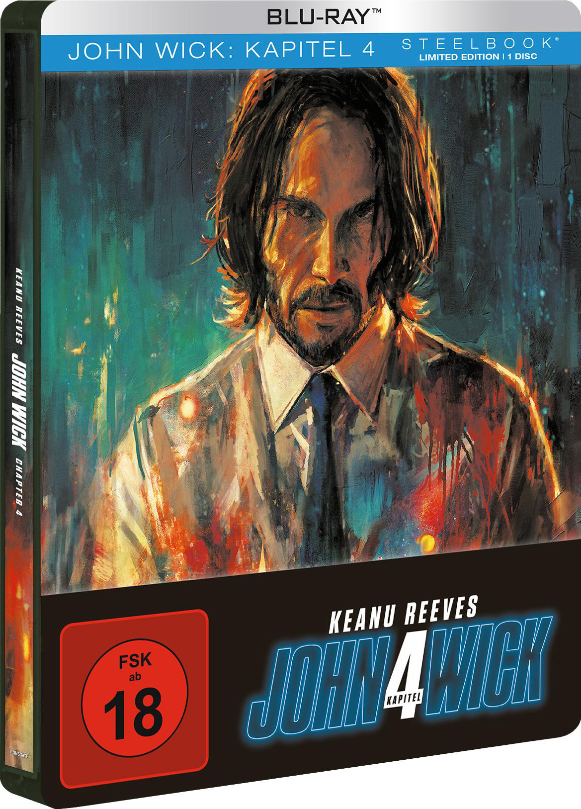 Blu-ray-Cover von John Wick: Kapitel 4 mit Keanu Reeves in einem Steelbook.