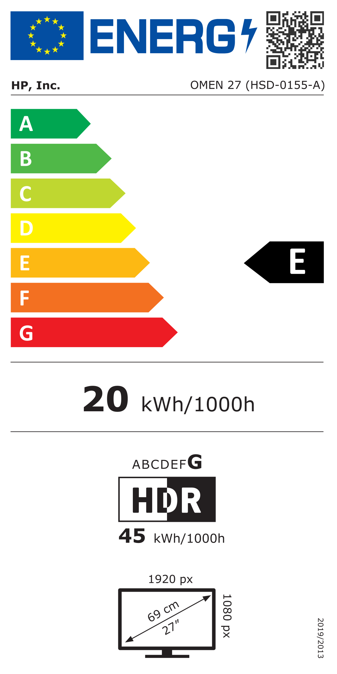 Etiqueta energética para un monitor HP Omen 27, que muestra la clasificación de eficiencia energética.