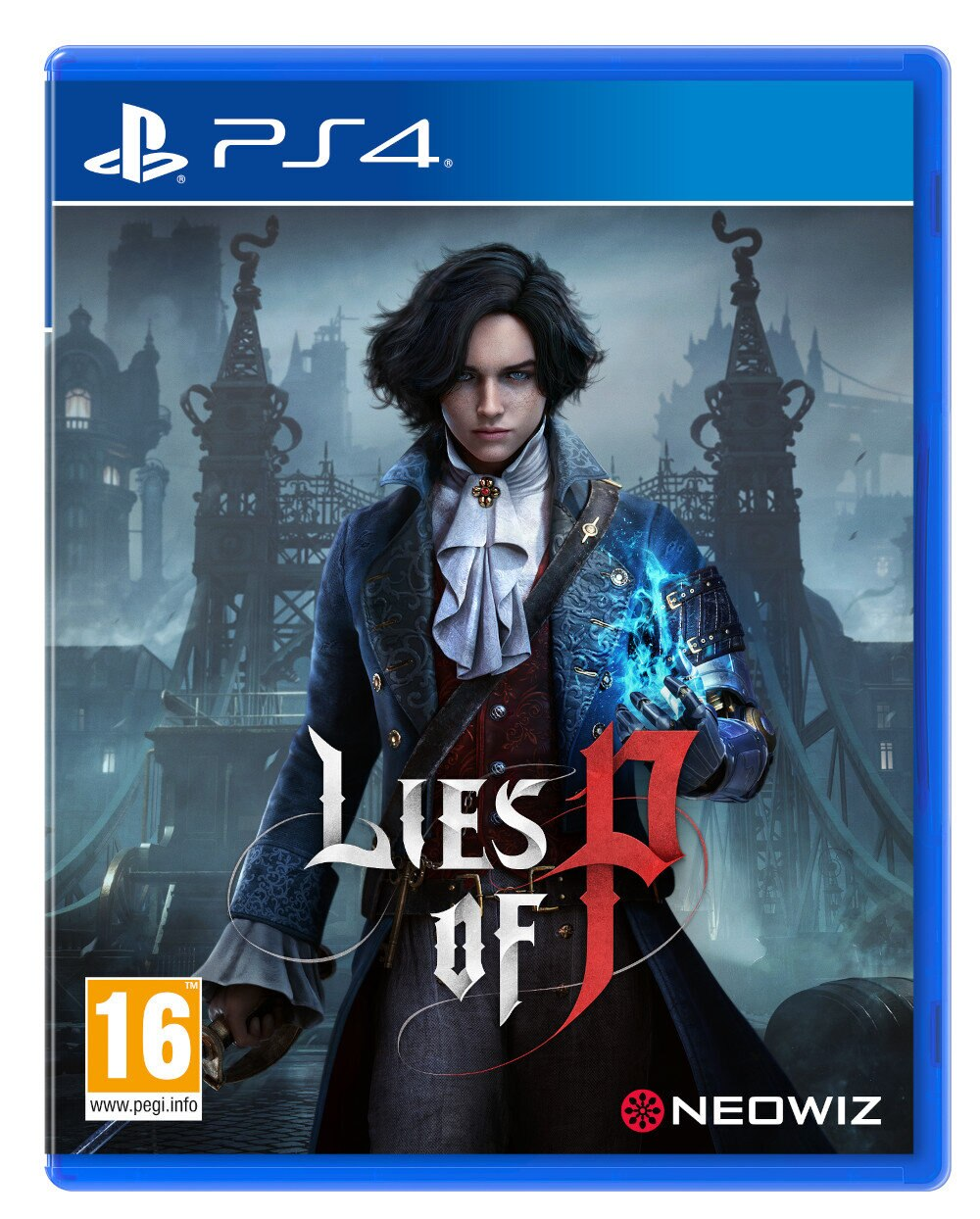 Okładka gry na PS4 zatytułowanej 'Lies of P' przedstawia postać w mrocznym otoczeniu.