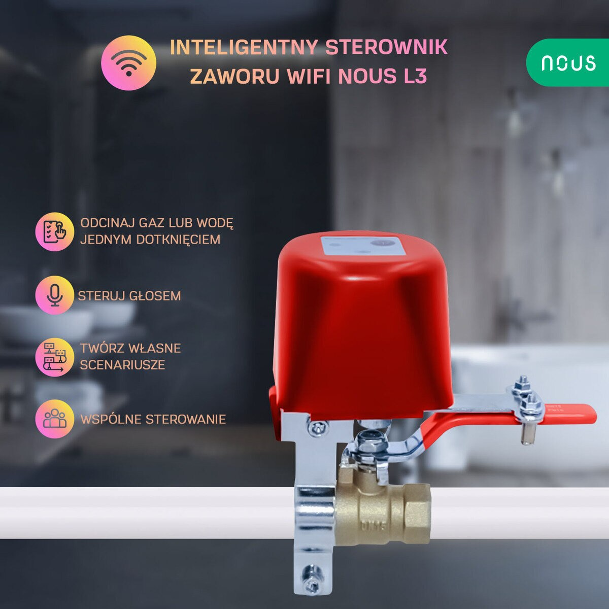 Czerwony i srebrny zawór wody z tekstem, symbolem wifi. Do inteligentnego domu.