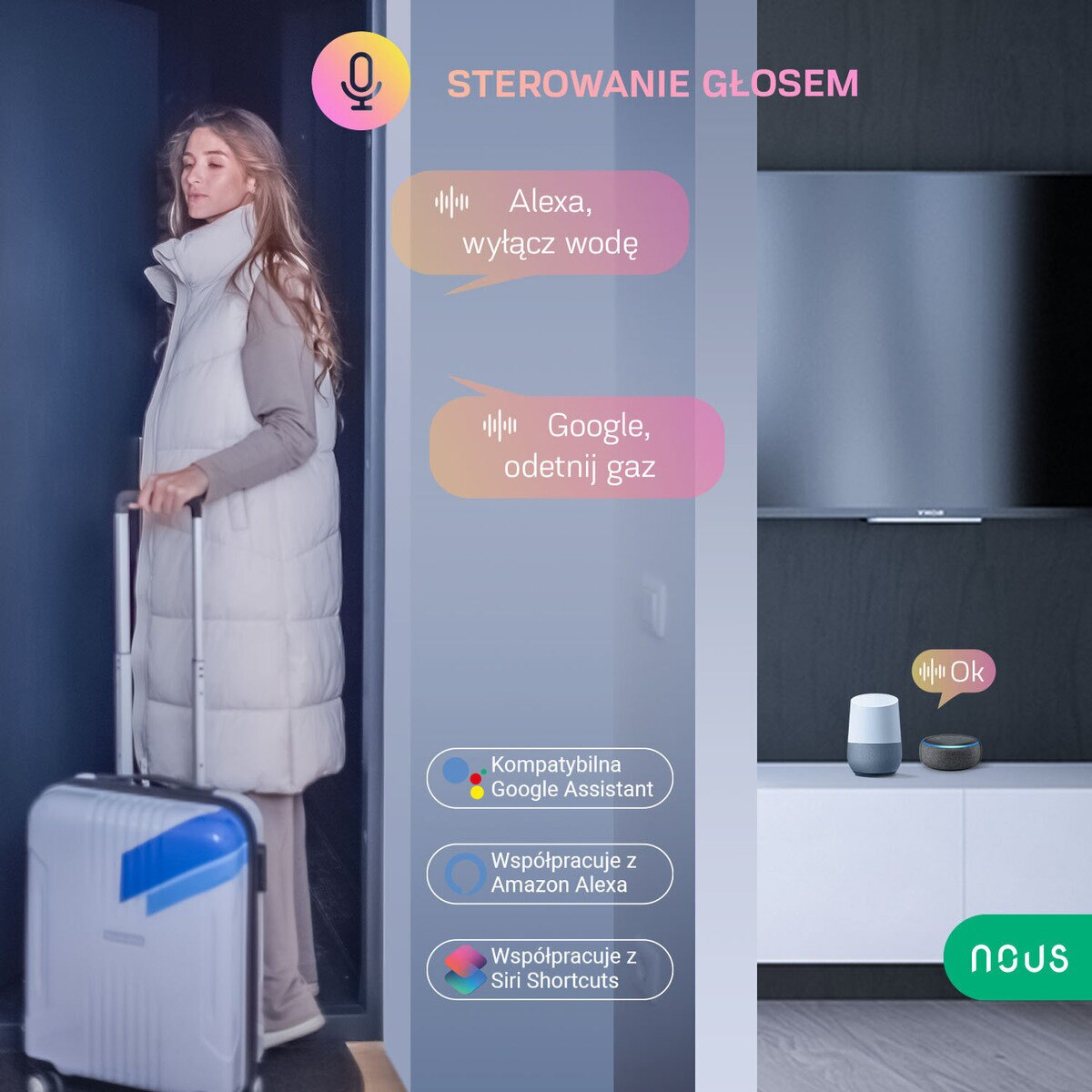 Kobieta z walizką patrząca na dymki tekstowe interfejsu smart home.