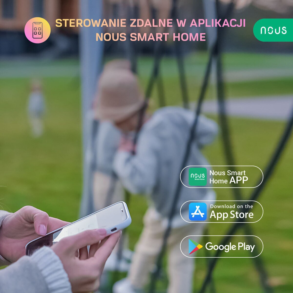 Dłoń trzymająca smartfona z innymi elementami i tekstem związanymi z aplikacją smart home. Zielone tło.
