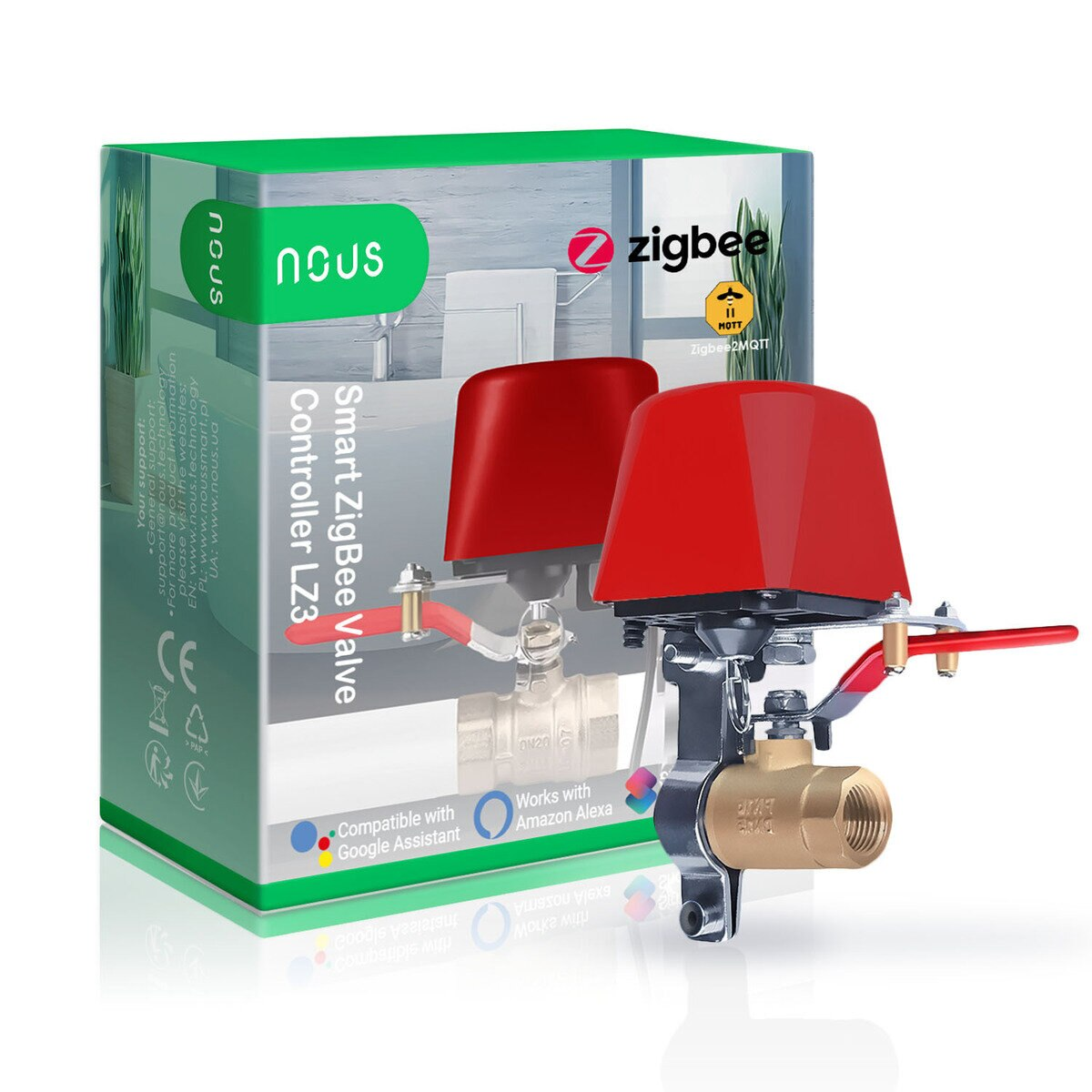 Inteligentny kontroler zaworu Nous ZigBee z czerwonymi zaworami, w zielonym pudełku z nazwą marki.