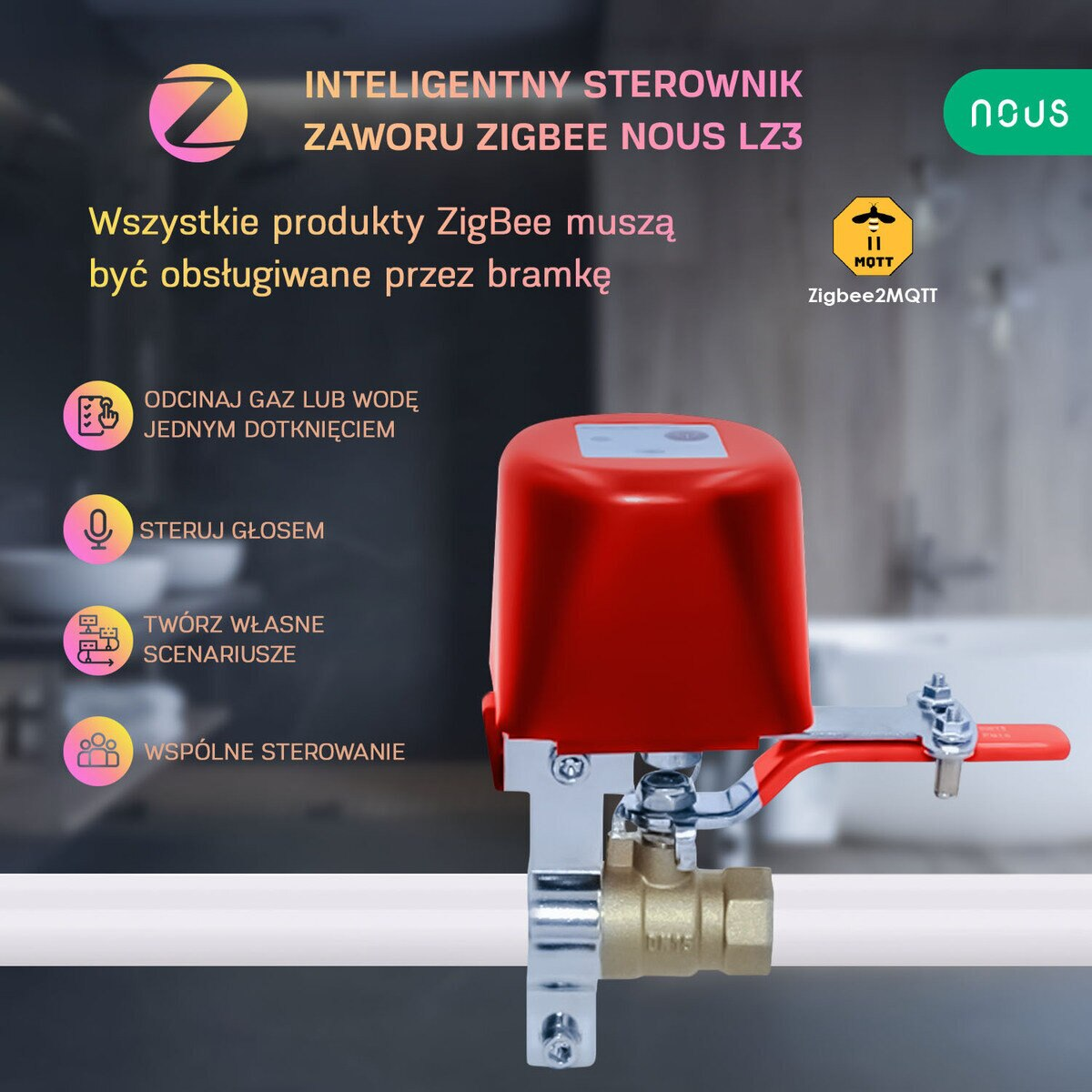 Czerwony i srebrny zawór inteligentny z tekstem i logo na białym tle.
