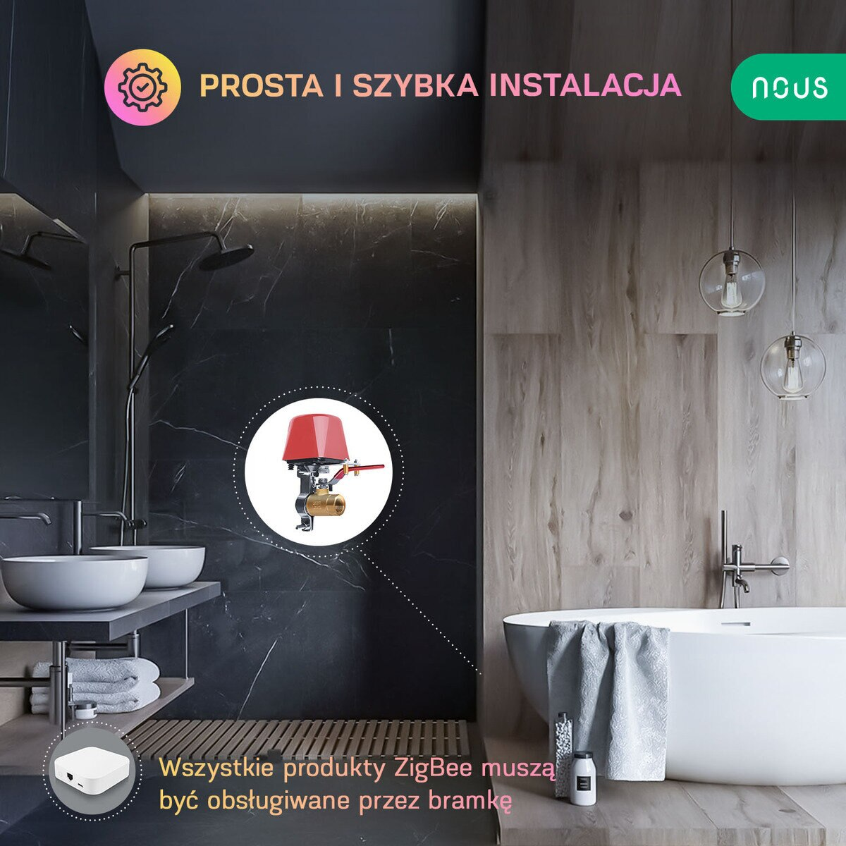 Scena łazienkowa z prysznicem, umywalką i reklamą produktu. Tekst mówi 'Łatwa i szybka instalacja'.